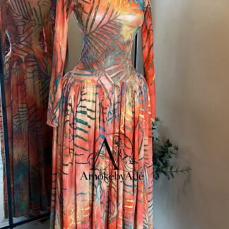 Sage Green Floral Ruched Gown with Jeweled Neckline